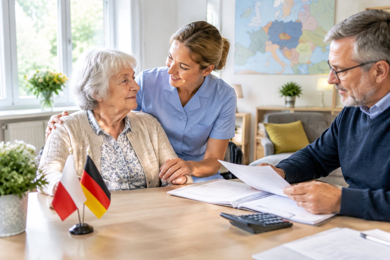Eine Pflegekraft unterstützt eine ältere Person, während Angehörige Unterlagen prüfen.